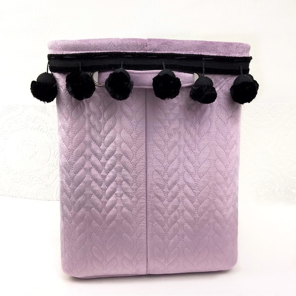 Lavender velvet chenille pom pom trim storage bin basket container - Picture 7 of 8